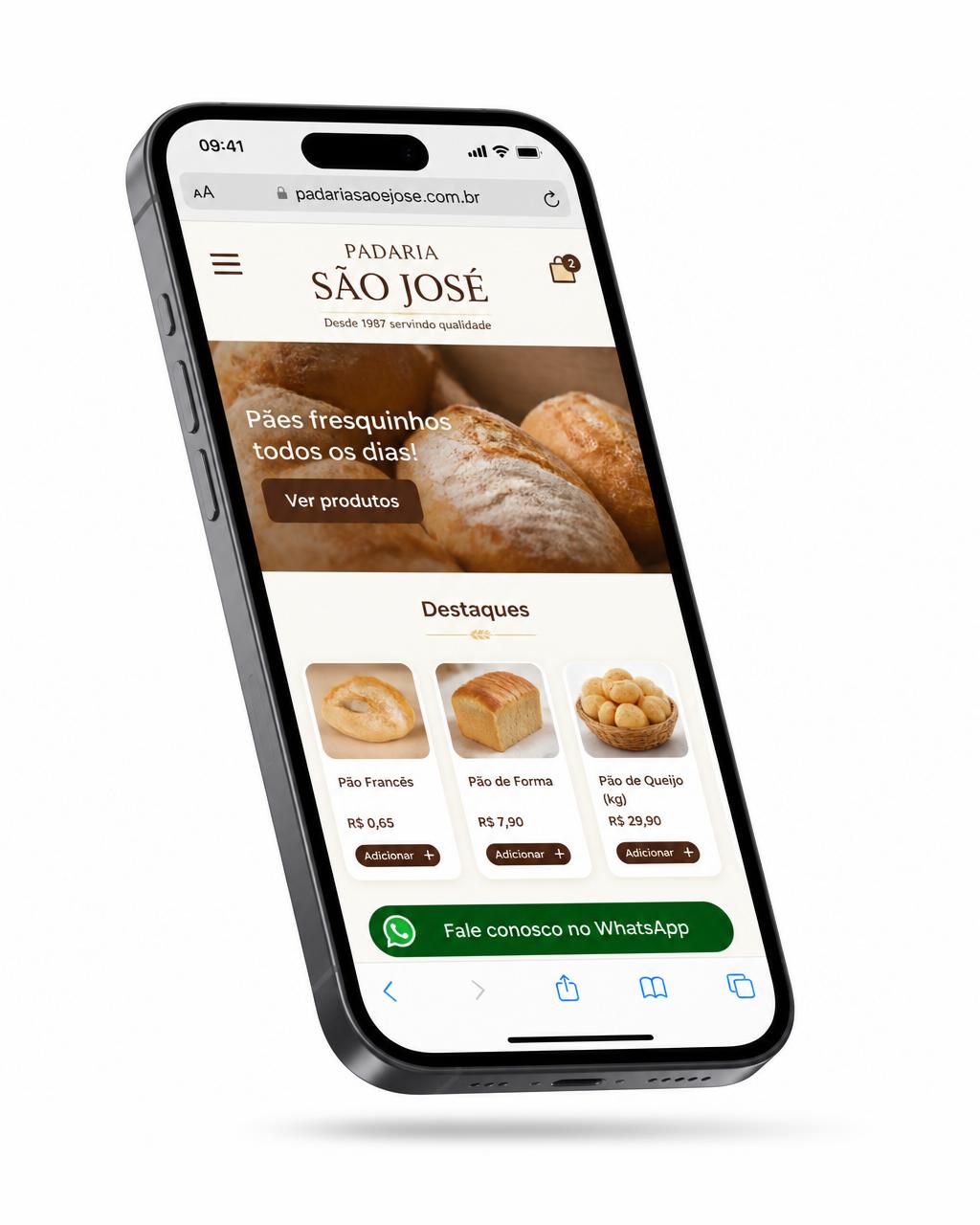 Mockup de site de padaria brasileira em iPhone com botão de WhatsApp
